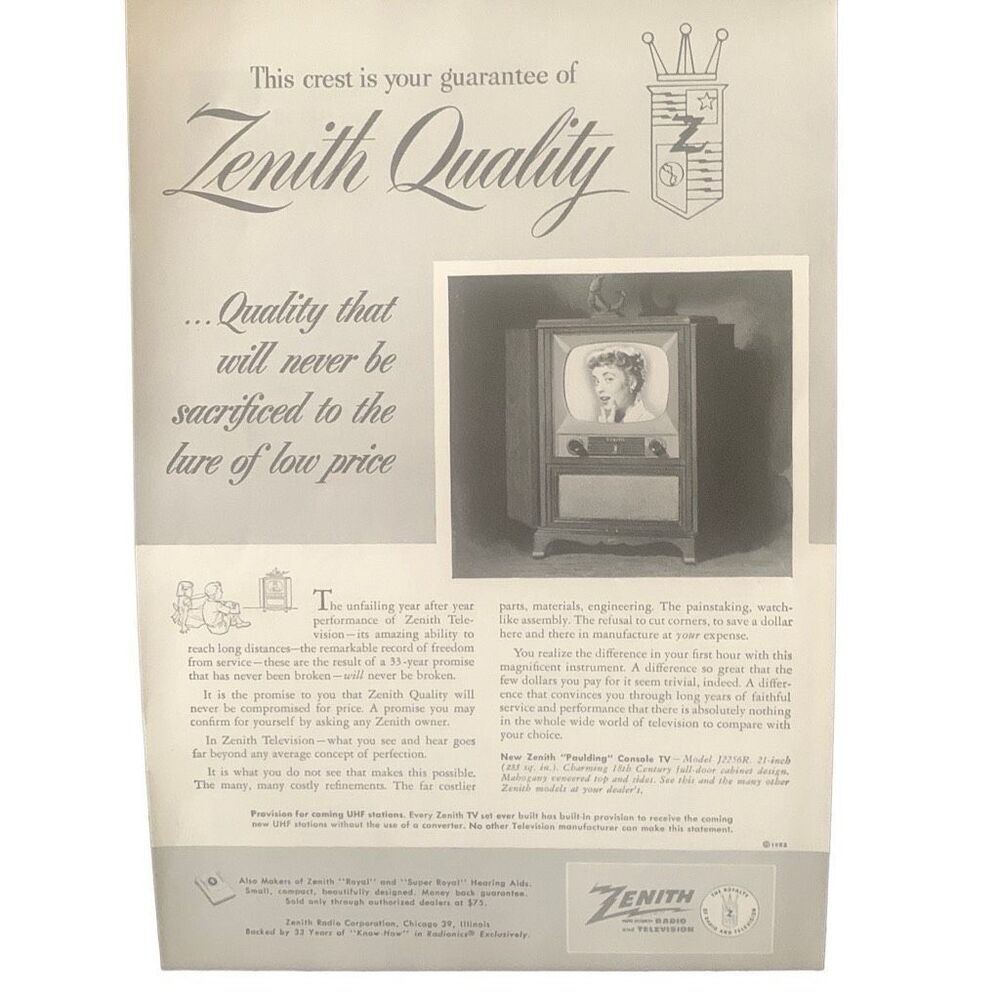 Vintage 1952 Zenith This Crest Is Your Guarantee Ad Advertisement